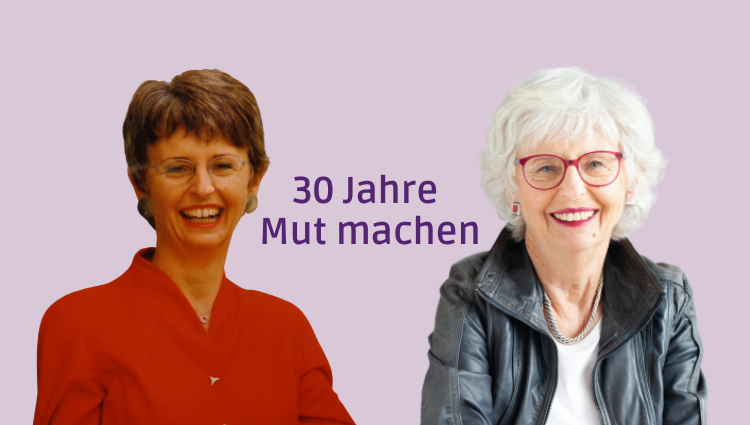 Zwei Porträts der Autorin, früher und heute. Text: 30 Jahre Mut machen