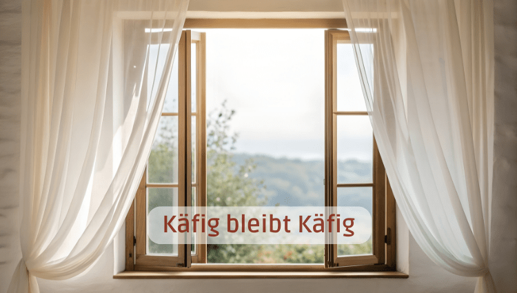 Offenes Fenster mit Blick in eine weite Landschaft und dem Text „Käfig bleibt Käfig“.
